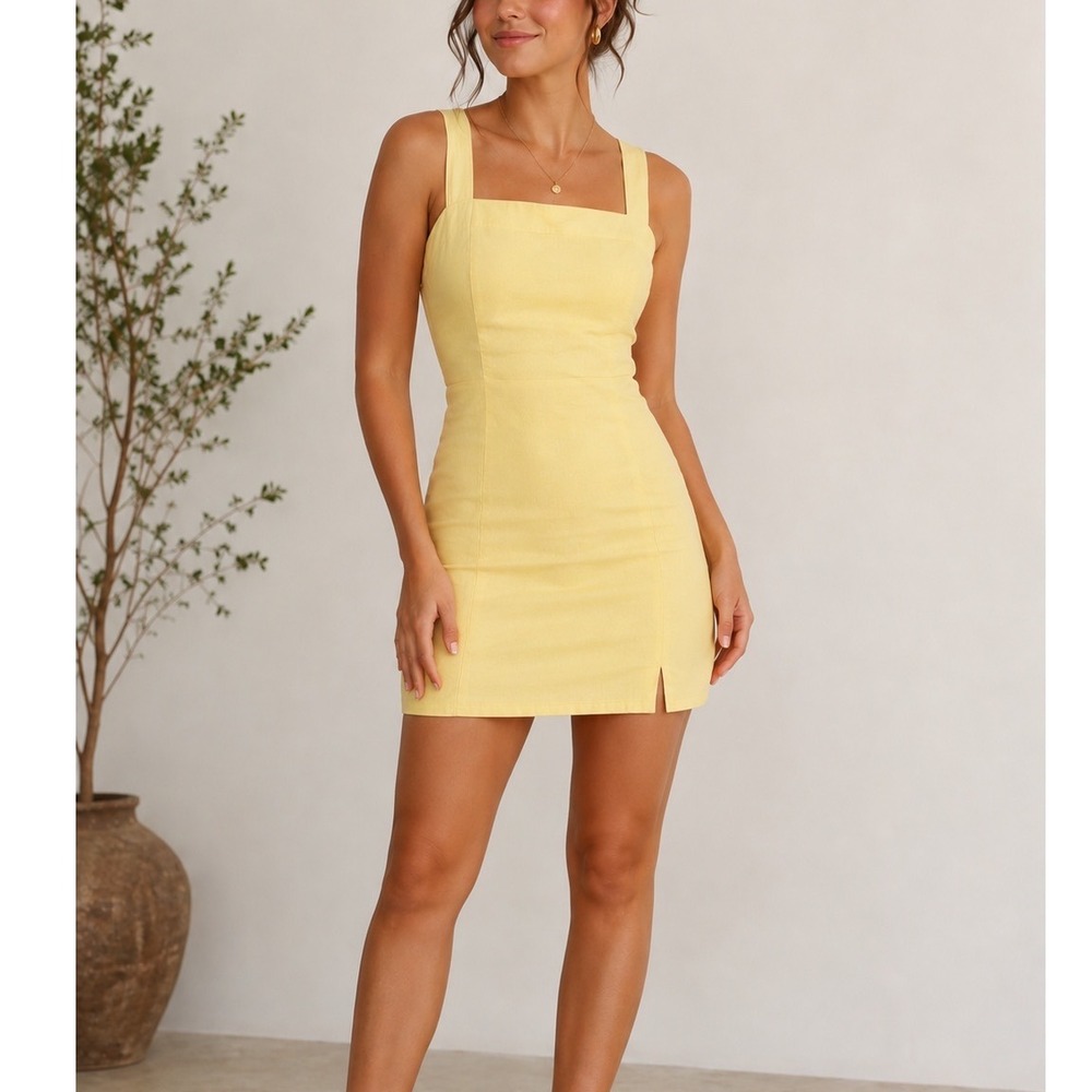 Charlie Holiday Yellow Cotton Linen Mini Dress Open Back Tie Knot Size 4 Small